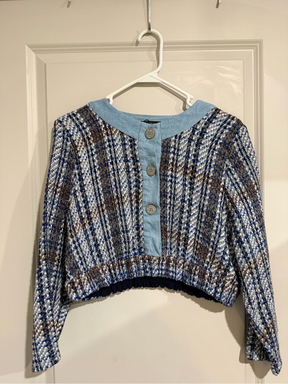 Zara Cropped Blue Plaid Knit Sweater with Button Placket